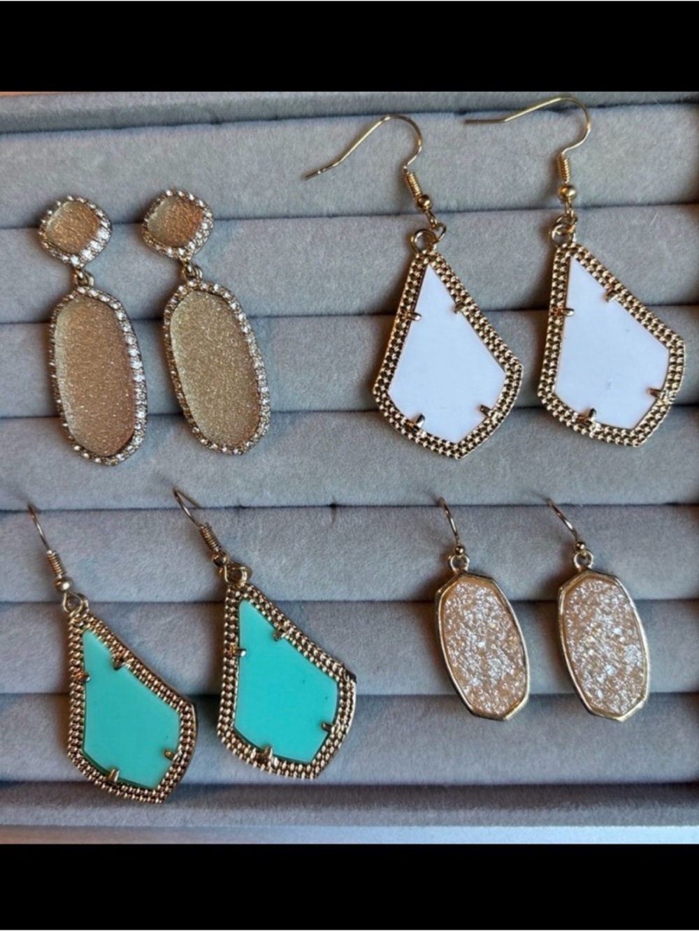 Gold-Trim Teardrop and Oval Dangle Earrings Set - White, Turquoise, Champagne